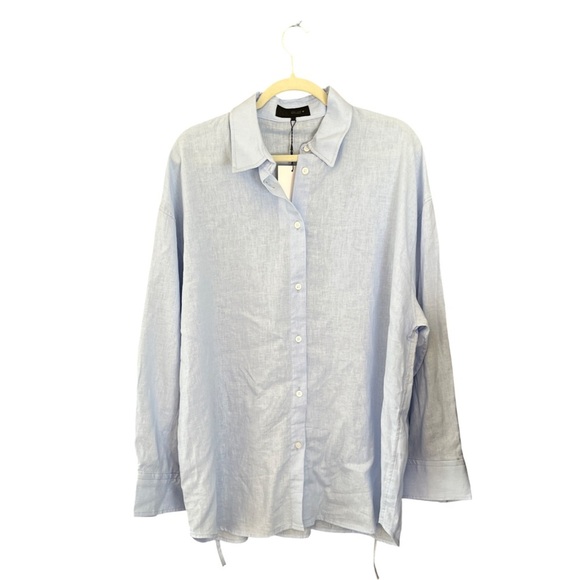 NWT ZARA Linen Tie Waist Button Blouse Blue Size L Oversized Fit - Picture 2 of 14